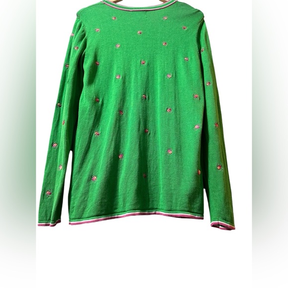 Quaker Factory silk bright green V-neck bumblebee cardigan with pink detail med - Picture 5 of 16
